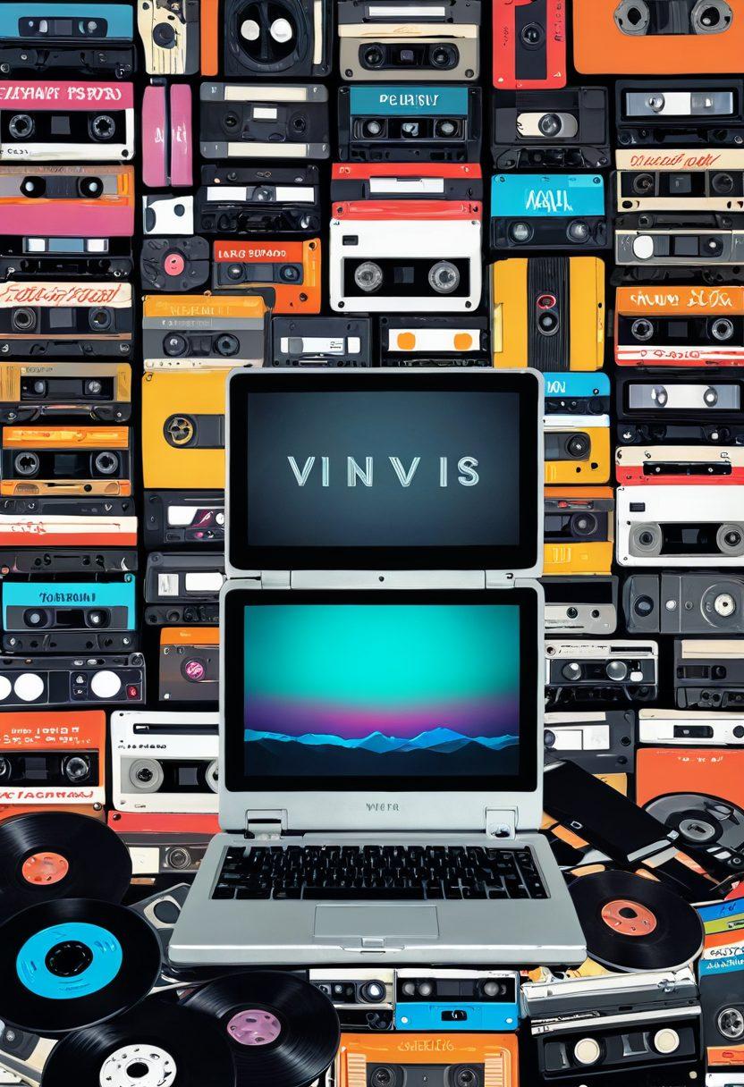 A vibrant collage showcasing the evolution of adult entertainment, featuring vintage VHS tapes, classic DVD covers, and modern streaming devices. Incorporate elements like retro film reels, nostalgic posters, and a glowing laptop screen representing streaming services. The background should blend eras of technology, demonstrating the transformation over time. Use a dynamic color palette to illustrate the contrast between old and new. bright colors. modern graphic style.