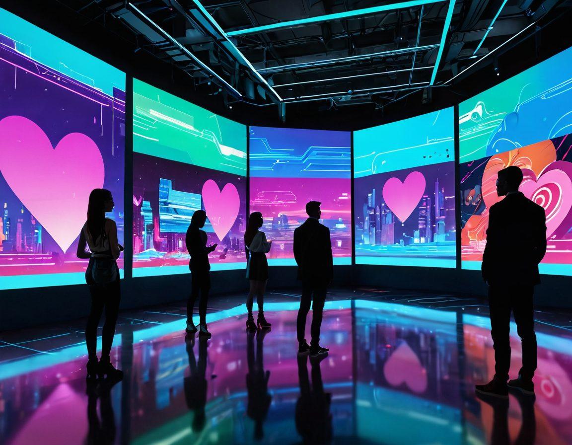 A futuristic digital landscape showcasing a variety of diverse and modern individuals engaging with holographic screens, displaying streaming content in vibrant colors. The scene should emphasize connectivity and technology, integrating symbols of desire such as hearts and abstract shapes that represent passion, all set against a sleek, tech-inspired backdrop. The atmosphere should evoke a sense of exploration and transformation. cyberpunk. vibrant colors. 3D.